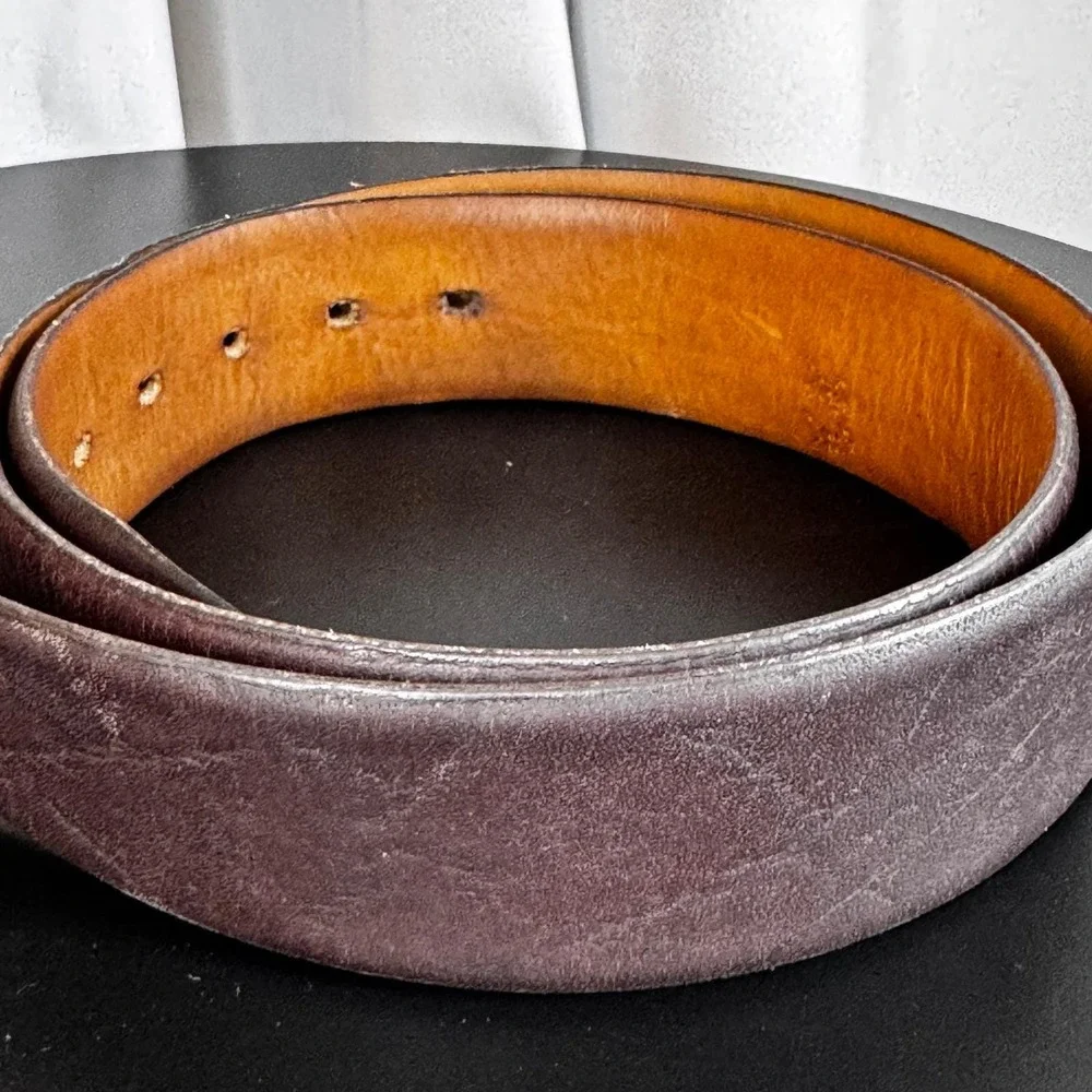 RARE Antique Reddish Dark Brown Grain Calf Leather Belt‎ Silver Buckle Mens 34